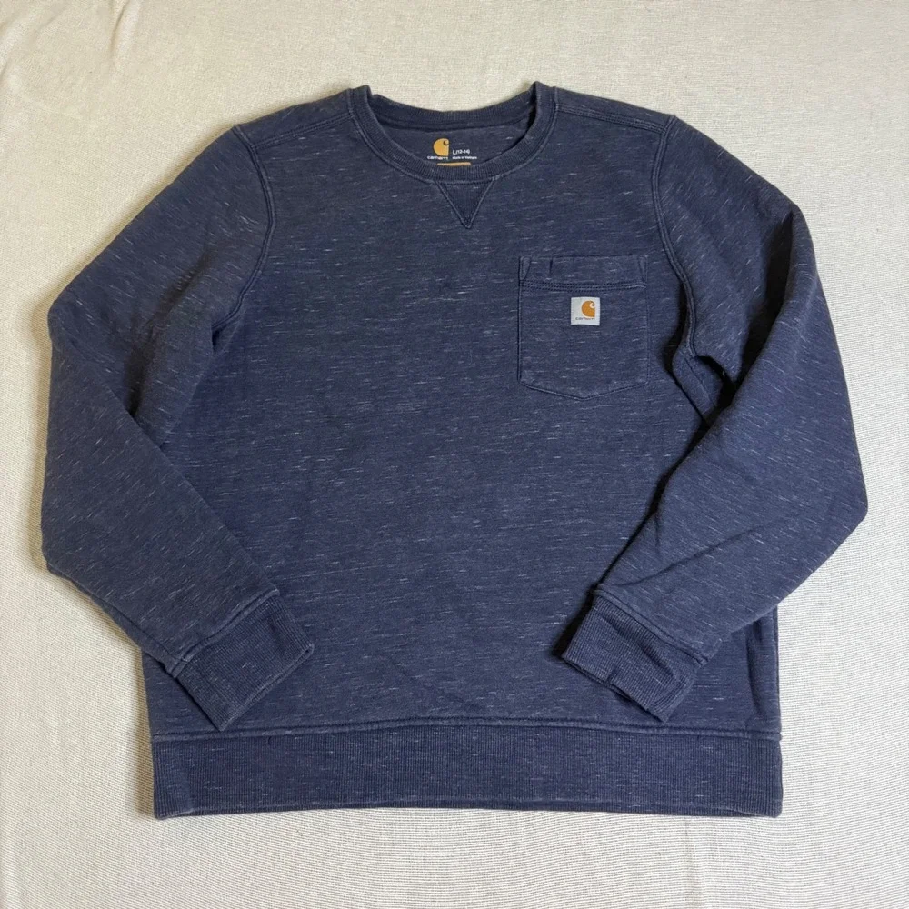 Carhartt Sweatshirt Women L (12-14) Navy Blue Relaxed Fit Marled Pocket Crewneck